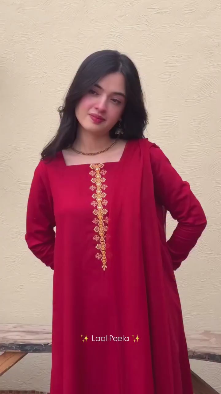 Classic Red Embroidered 3-Piece Suit