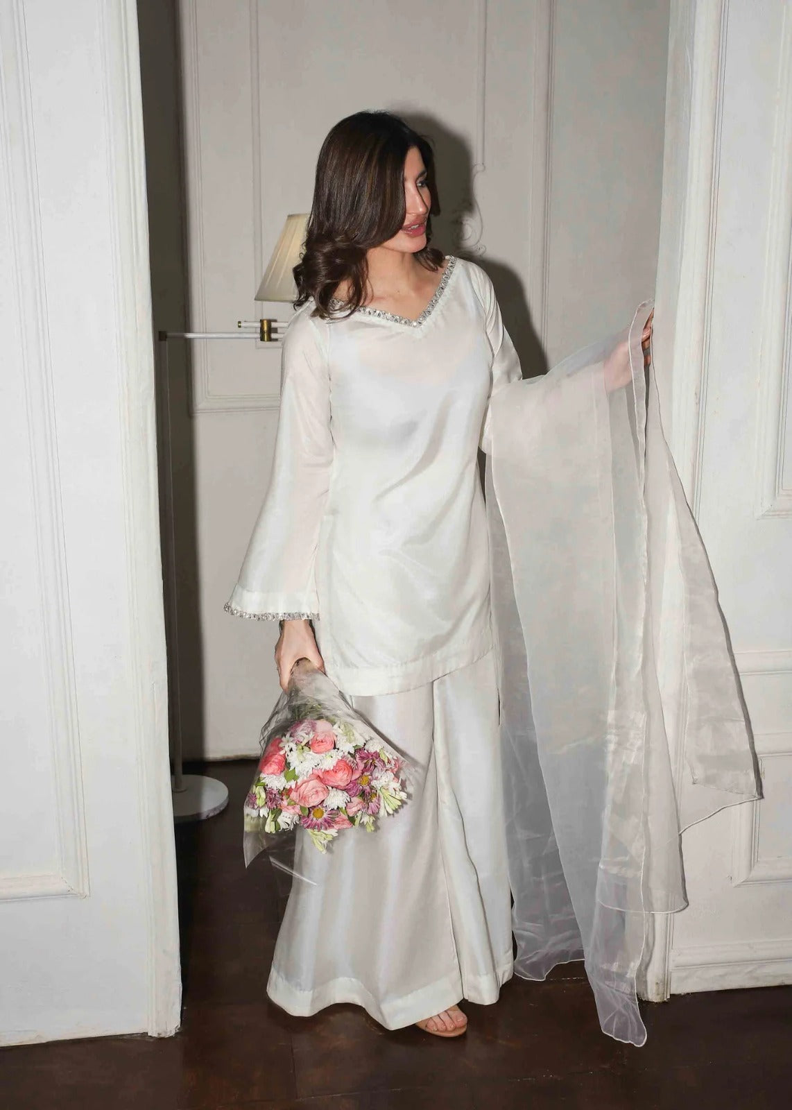 Blush Pink Silk 3-Piece Suit with Organza Dupatta