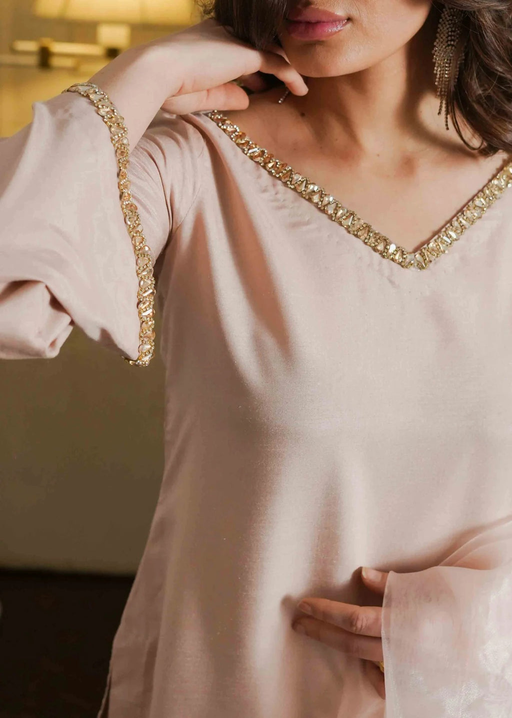 Blush Pink Silk 3-Piece Suit with Organza Dupatta