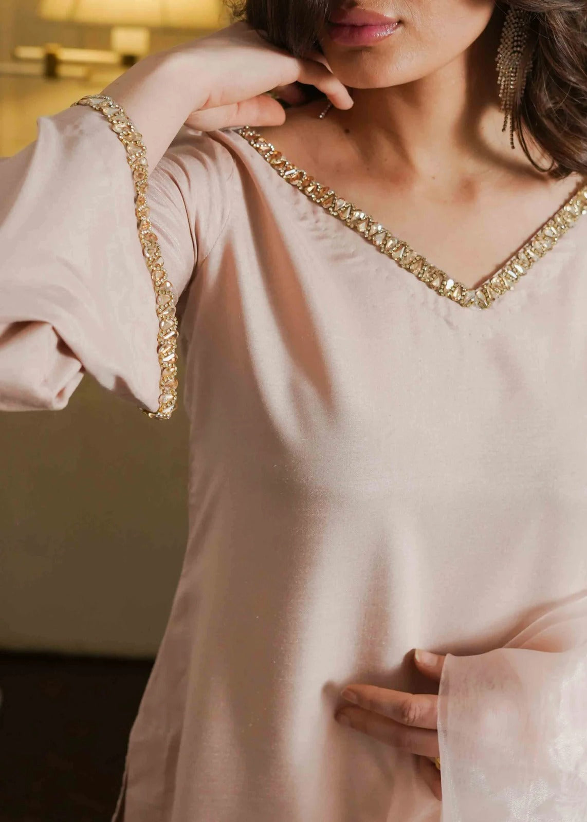 Blush Pink Silk 3-Piece Suit with Organza Dupatta
