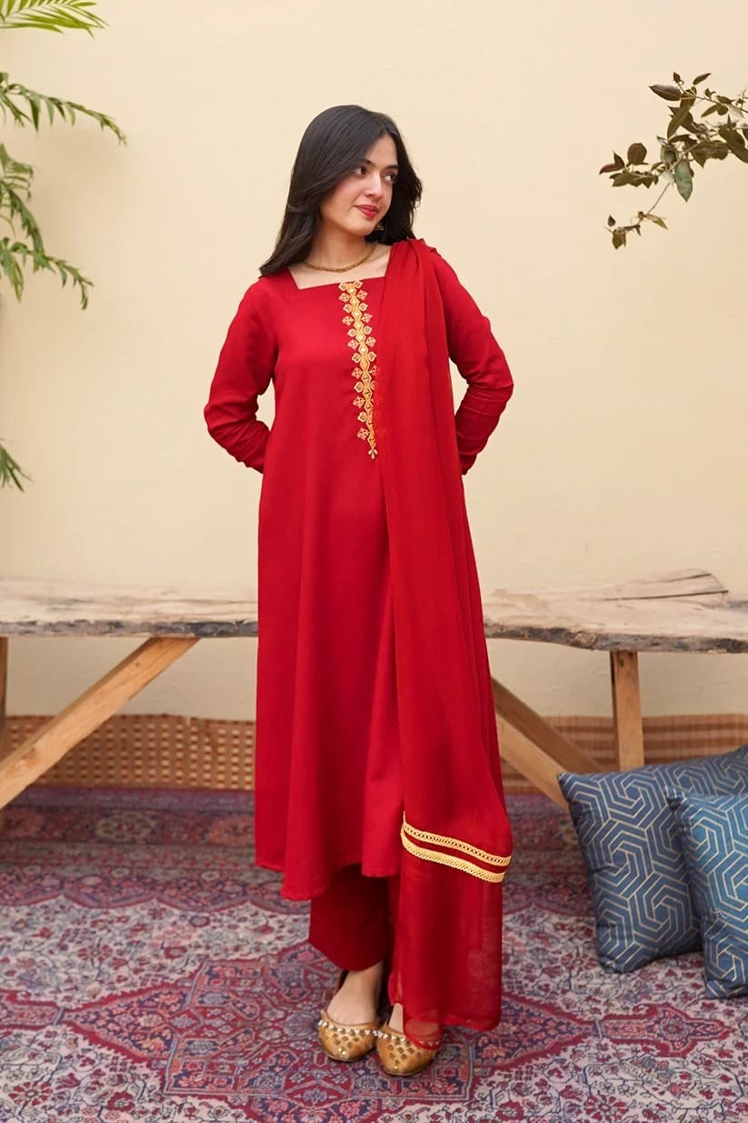 Classic Red Embroidered 3-Piece Suit